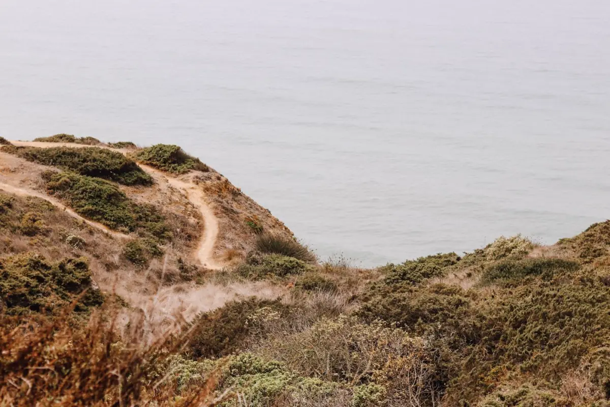 Trilho de terra ao longo das falésias da Costa Vicentina com o Atlântico ao fundo