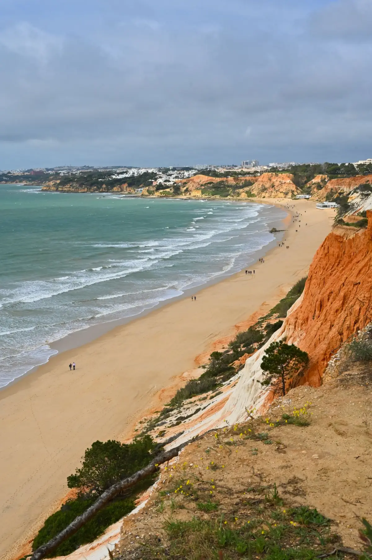 Falésias e ondas serenas numa praia de Albufeira ao fim do dia