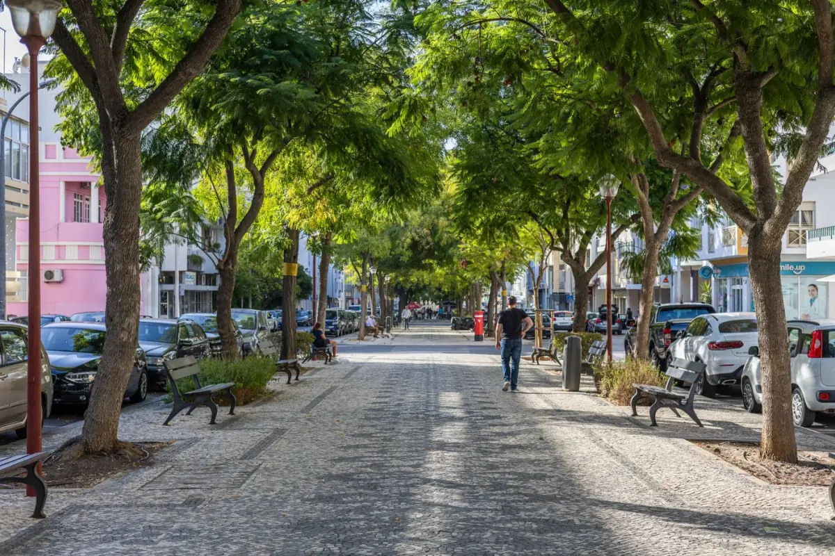 Rua arborizada e calma na vila de Loulé, no interior do Algarve