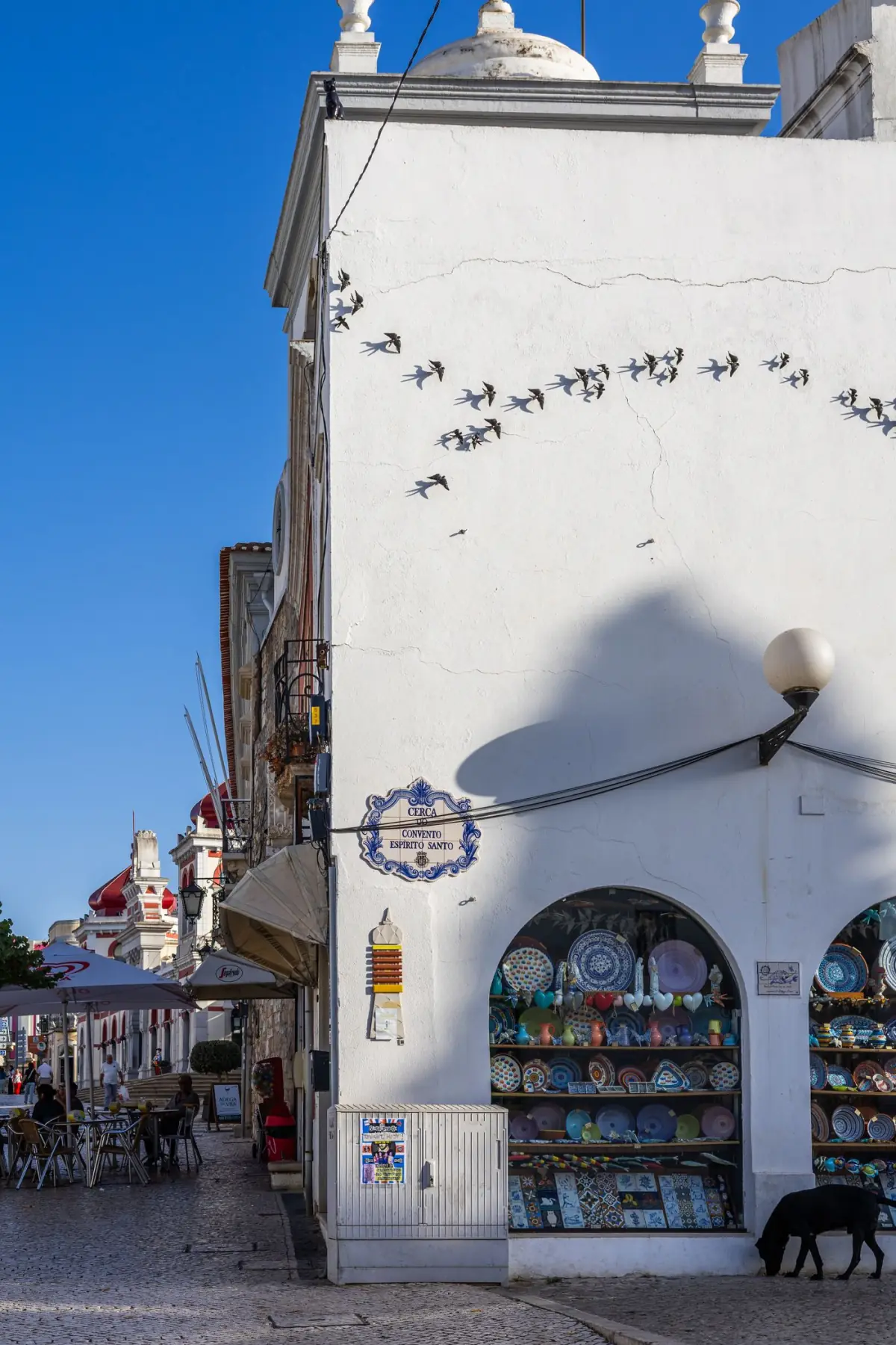 Rua pitoresca e calcetada da vila de Loulé com fachadas tradicionais algarvias e flores