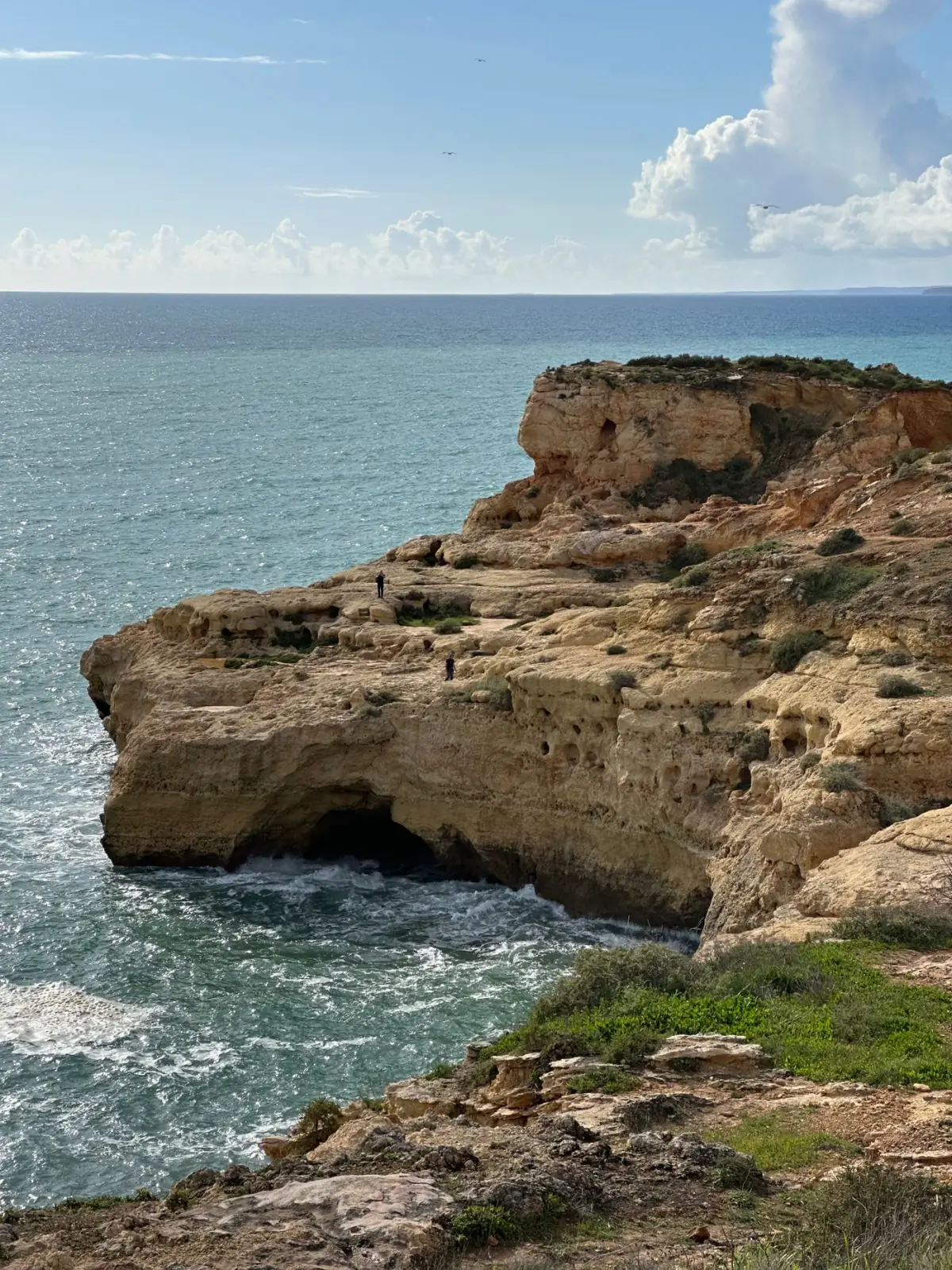 Costa recortada do Algarve com falésias douradas a cair sobre o mar azul, vista de cima