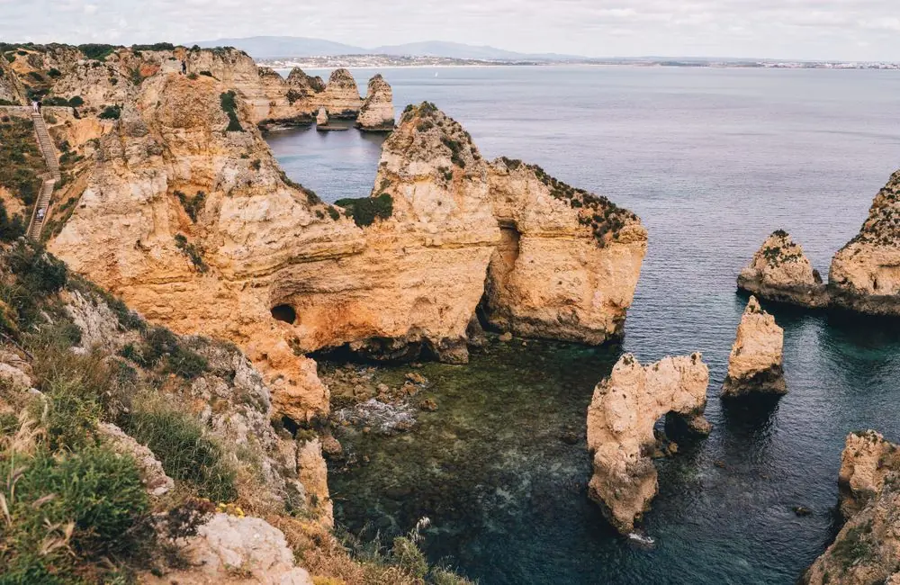 Golden cliffs and turquoise sea on a central Algarve beach